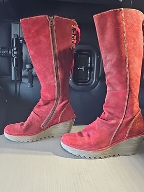 FLY London Yust Crimson Red Suede Knee High Wedge Boots EU 40 US 9-9.5 PreOwned